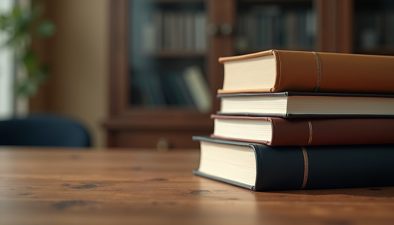 Legal books stacked on a table.